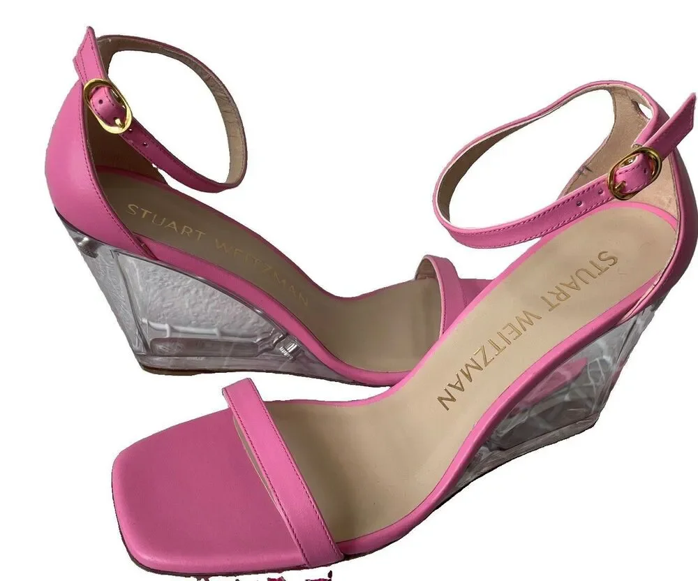 NEW Stuart Weitzman Nudistlucite Leather clear Wedge Sandals India Pink Size 10